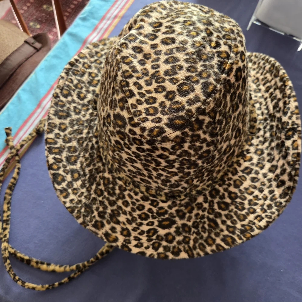 Wide Brim Leopard Print Hat with Secure Chin Strap Earthy Fall Colors